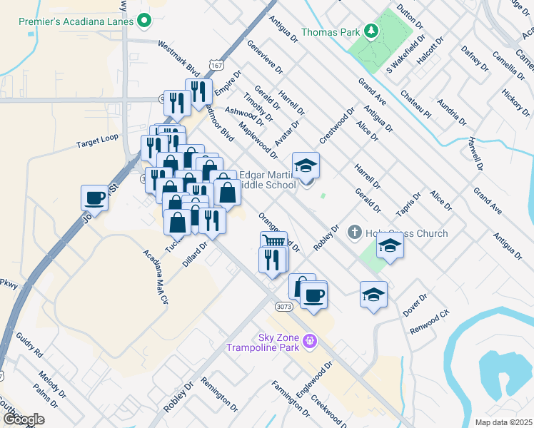 map of restaurants, bars, coffee shops, grocery stores, and more near 301 Orangewood Drive in Lafayette