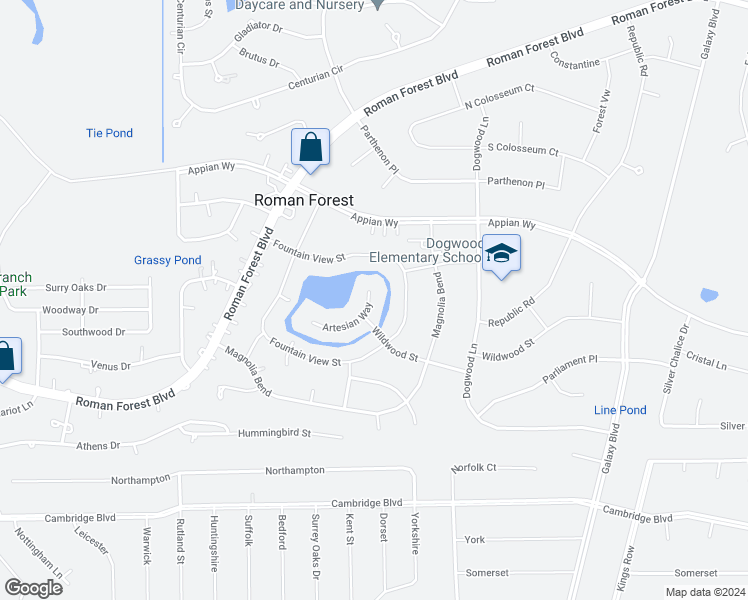 map of restaurants, bars, coffee shops, grocery stores, and more near 124 Artesian Way in Roman Forest