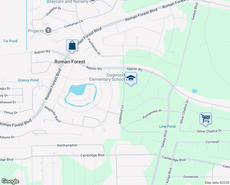 map of restaurants, bars, coffee shops, grocery stores, and more near 506 Magnolia Bend in New Caney