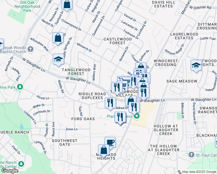 map of restaurants, bars, coffee shops, grocery stores, and more near 9900 Roxanna Drive in Austin
