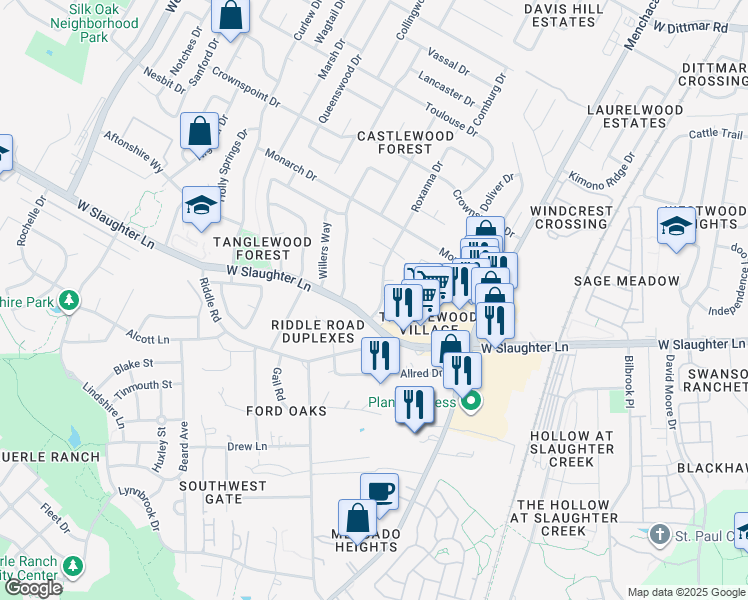 map of restaurants, bars, coffee shops, grocery stores, and more near 2404 West Slaughter Lane in Austin
