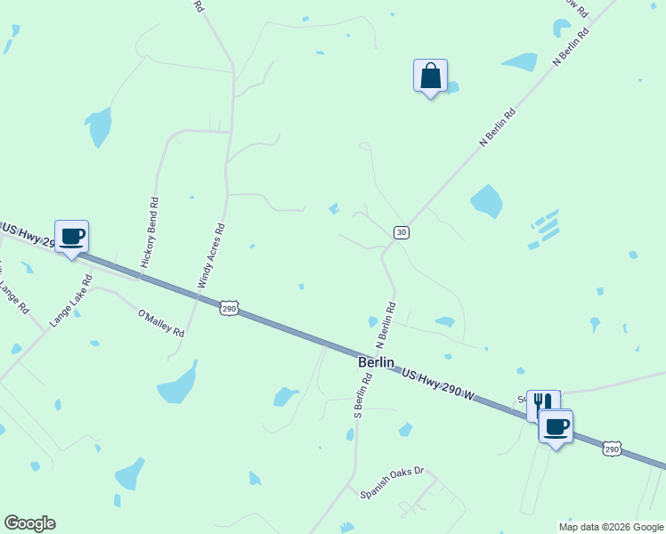 map of restaurants, bars, coffee shops, grocery stores, and more near 305 North Berlin Road in Brenham