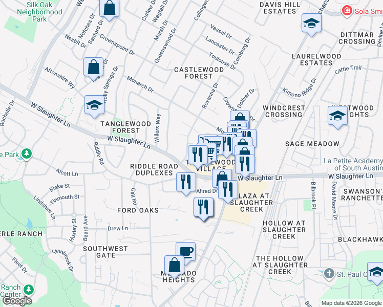 map of restaurants, bars, coffee shops, grocery stores, and more near 9809 Roxanna Drive in Austin
