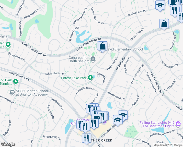 map of restaurants, bars, coffee shops, grocery stores, and more near 3 Lakeridge Drive in Spring