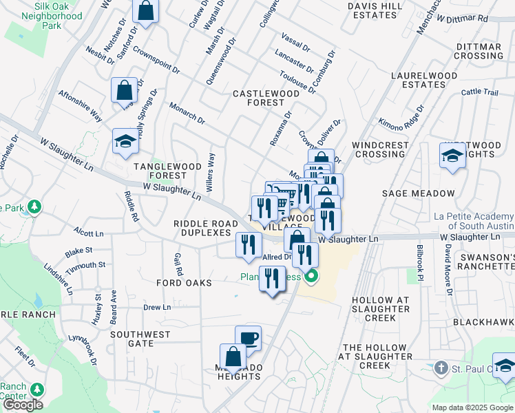 map of restaurants, bars, coffee shops, grocery stores, and more near 9901 Roxanna Drive in Austin
