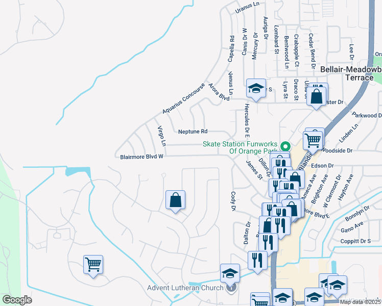 map of restaurants, bars, coffee shops, grocery stores, and more near 447 Blairmore Boulevard West in Orange Park