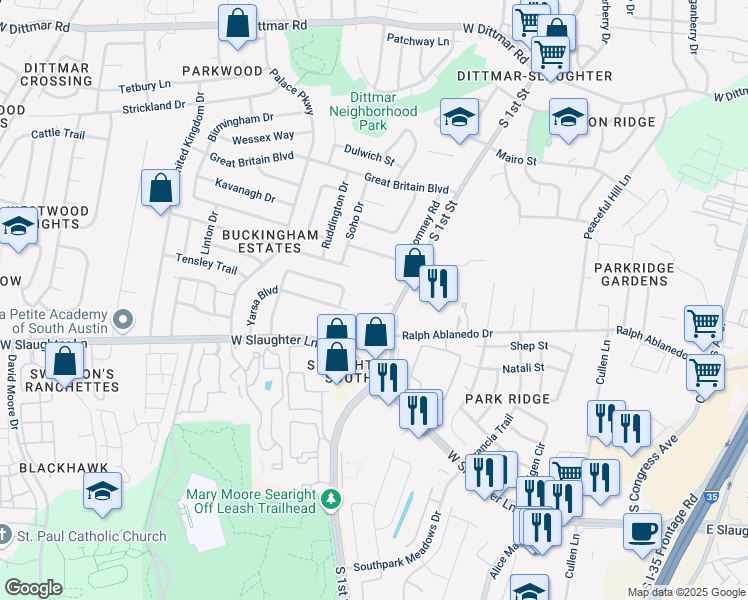 map of restaurants, bars, coffee shops, grocery stores, and more near 8800 South 1st Street in Austin