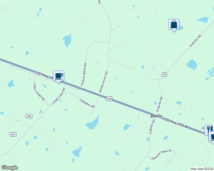 map of restaurants, bars, coffee shops, grocery stores, and more near 88 Windy Acres Road in Brenham