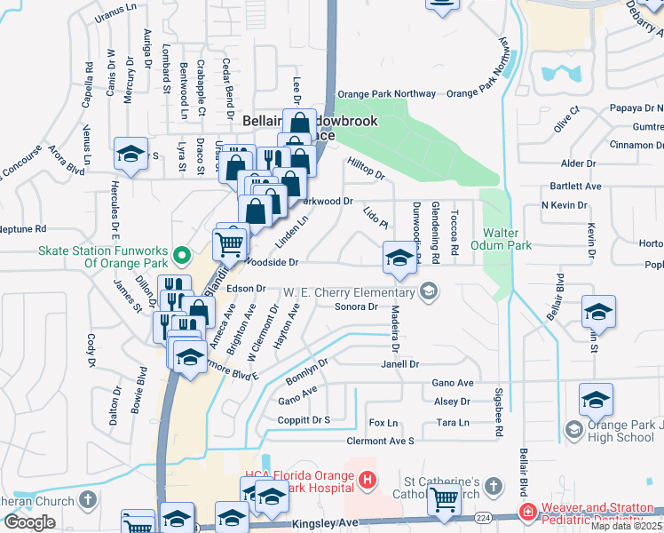map of restaurants, bars, coffee shops, grocery stores, and more near 340 Woodside Drive in Orange Park