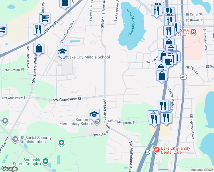 map of restaurants, bars, coffee shops, grocery stores, and more near 1077 SW McFarlane Ave in Lake City