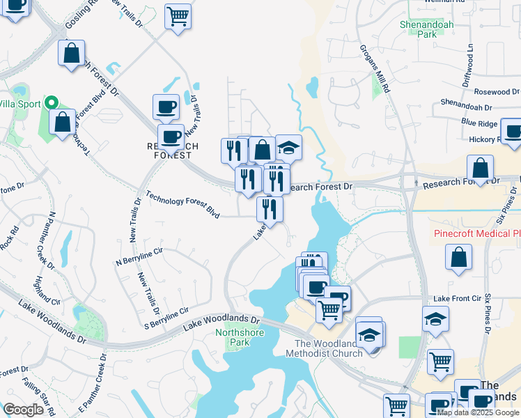 map of restaurants, bars, coffee shops, grocery stores, and more near 2455 Research Forest Drive in The Woodlands