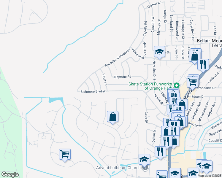 map of restaurants, bars, coffee shops, grocery stores, and more near 459 Blairmore Boulevard West in Orange Park