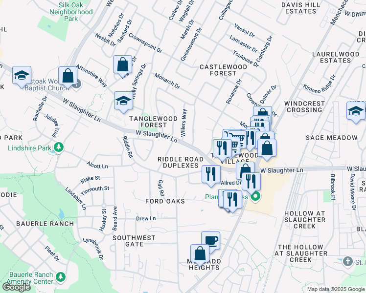 map of restaurants, bars, coffee shops, grocery stores, and more near 2417 West Slaughter Lane in Austin