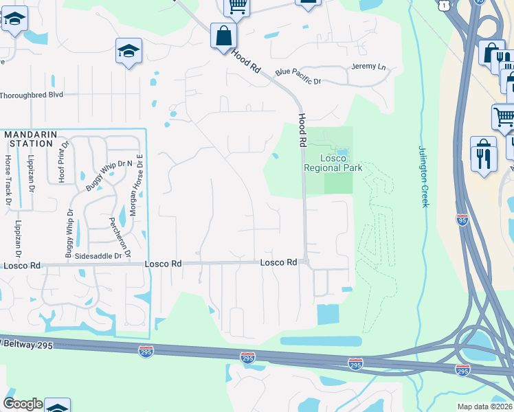 map of restaurants, bars, coffee shops, grocery stores, and more near 11035 Skylark Drive in Jacksonville