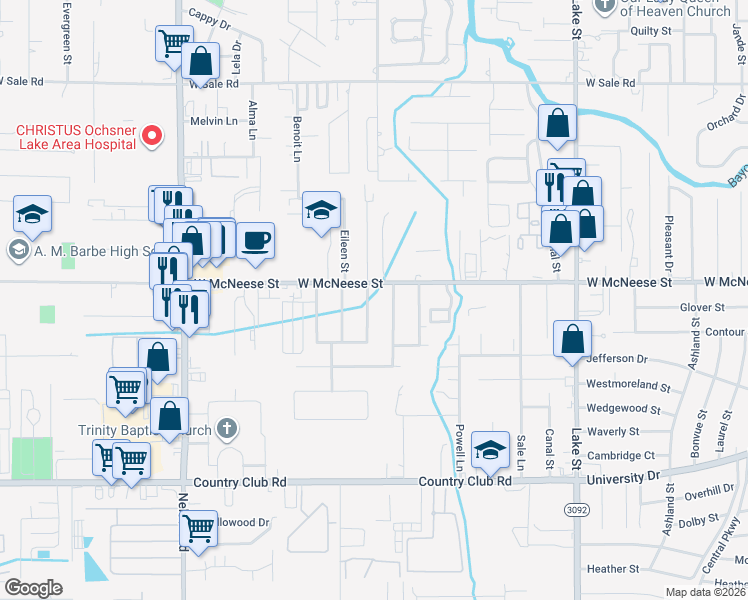 map of restaurants, bars, coffee shops, grocery stores, and more near 4500-4598 Meadow Ln E in Lake Charles