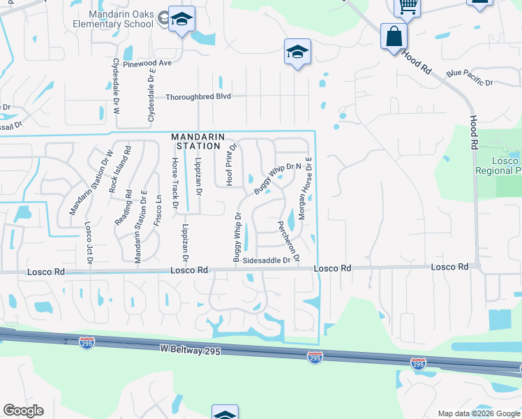 map of restaurants, bars, coffee shops, grocery stores, and more near 10945 Steeding Horse Drive in Jacksonville