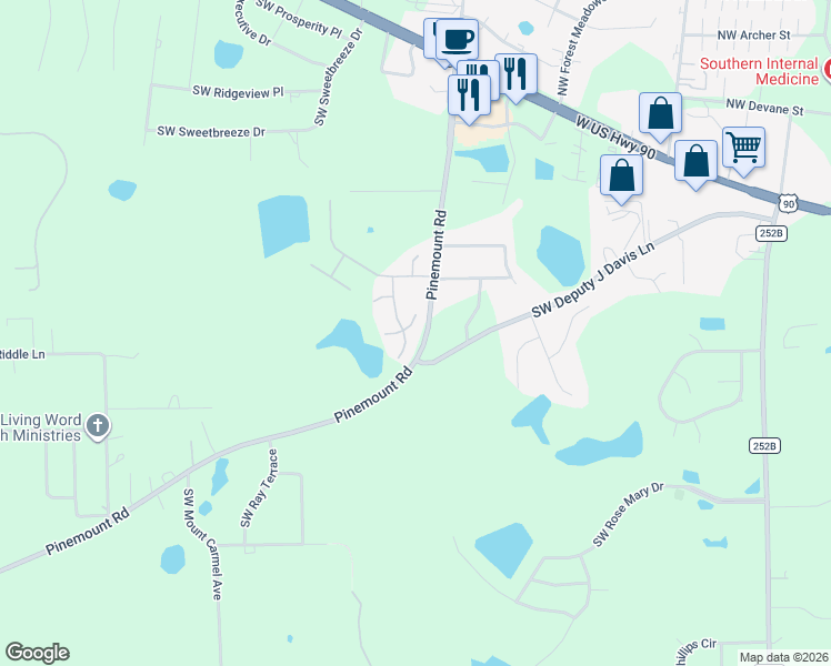 map of restaurants, bars, coffee shops, grocery stores, and more near 150 Southwest Old Pecan Court in Lake City