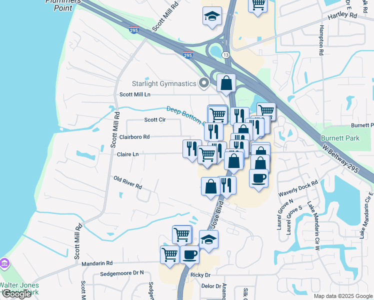 map of restaurants, bars, coffee shops, grocery stores, and more near 10957 Clairboro Road East in Jacksonville