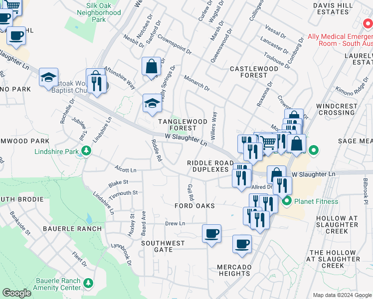 map of restaurants, bars, coffee shops, grocery stores, and more near 2511 Howellwood Way in Austin