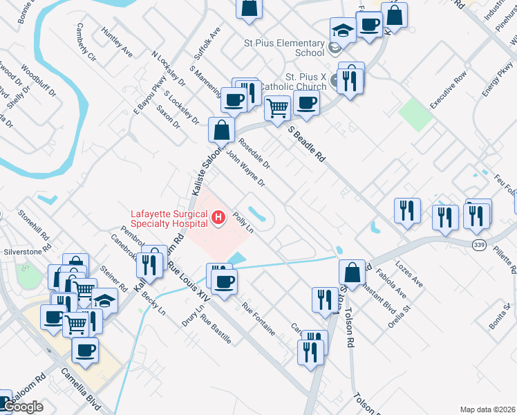 map of restaurants, bars, coffee shops, grocery stores, and more near 1019 Kaliste Saloom Road in Lafayette