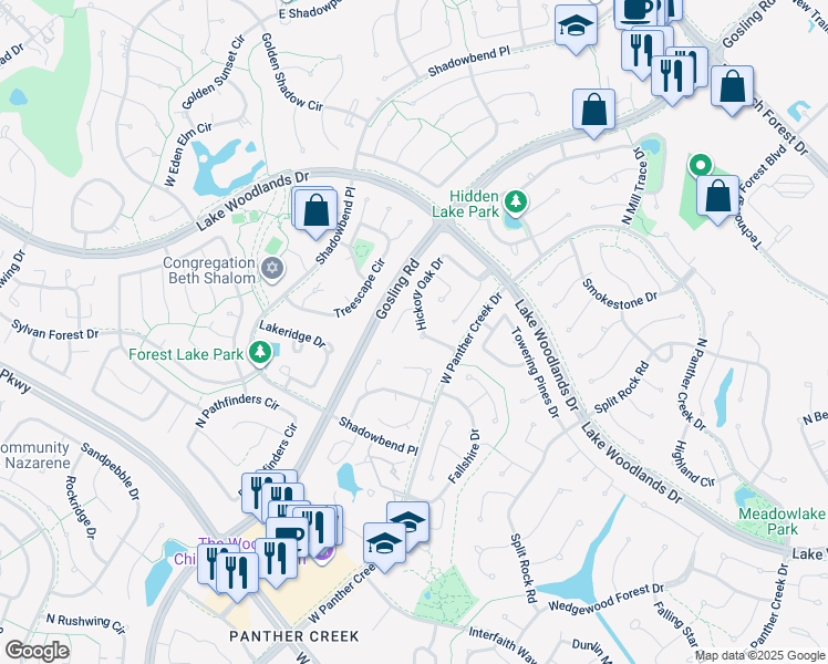 map of restaurants, bars, coffee shops, grocery stores, and more near 21 Hickory Oak Drive in Spring