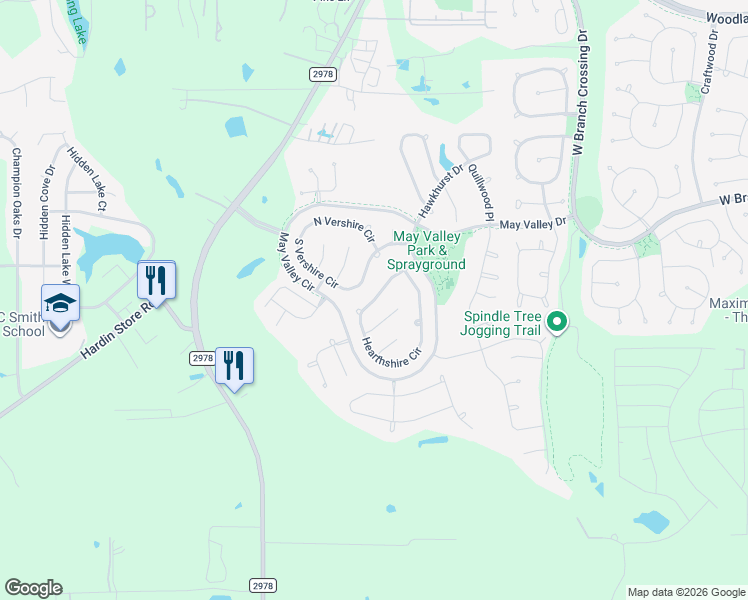 map of restaurants, bars, coffee shops, grocery stores, and more near Hearthshire Circle in The Woodlands