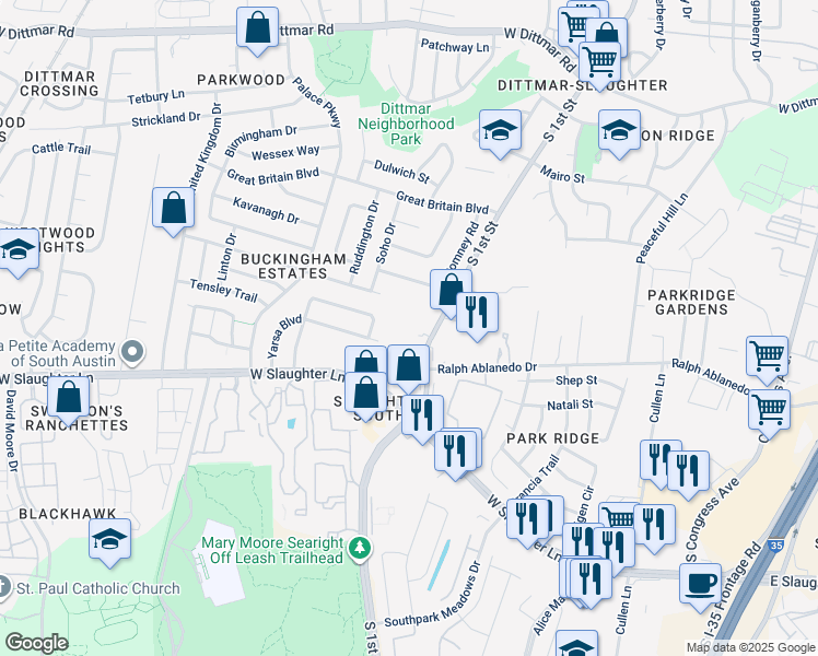 map of restaurants, bars, coffee shops, grocery stores, and more near 8800 South 1st Street in Austin