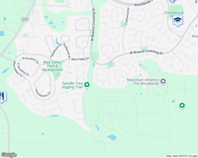 map of restaurants, bars, coffee shops, grocery stores, and more near 91 East French Oaks Circle in The Woodlands