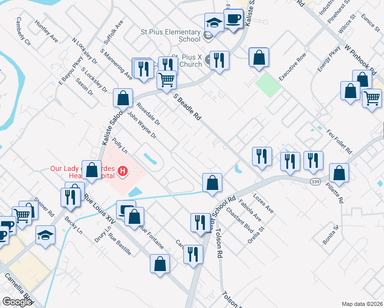 map of restaurants, bars, coffee shops, grocery stores, and more near 100 Emerald Sands Lane in Lafayette