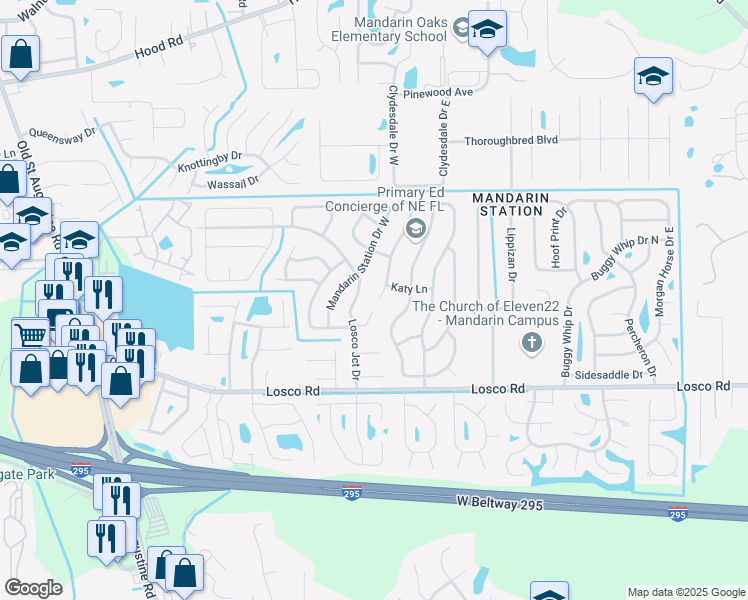 map of restaurants, bars, coffee shops, grocery stores, and more near 11028 Rock Island Road in Jacksonville