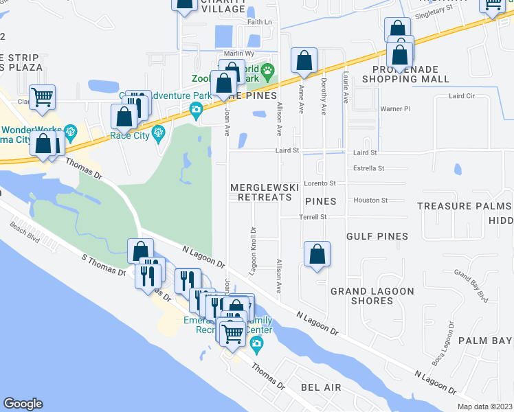 map of restaurants, bars, coffee shops, grocery stores, and more near 9027 Houston Street in Panama City Beach