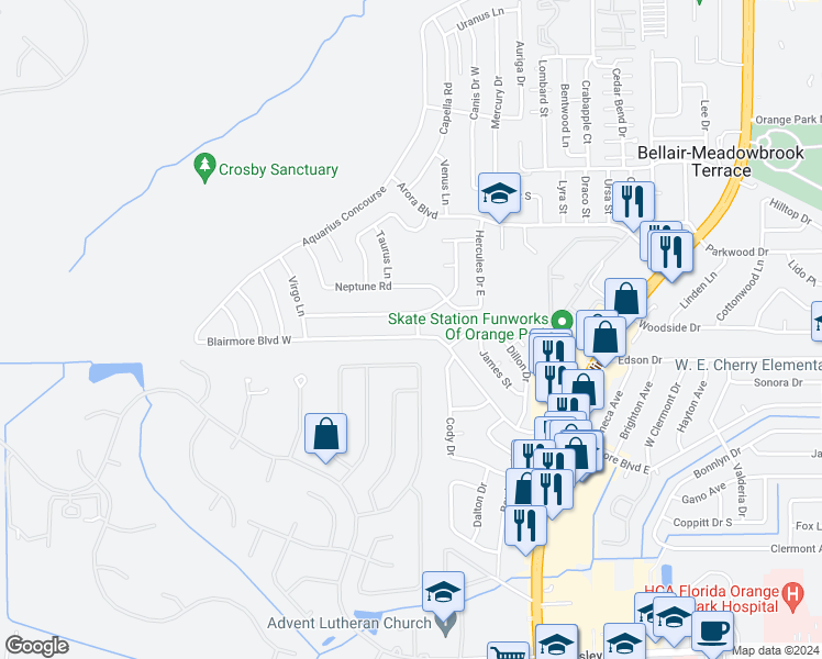 map of restaurants, bars, coffee shops, grocery stores, and more near 388 Corona Drive in Orange Park