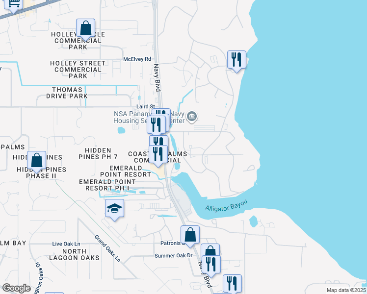 map of restaurants, bars, coffee shops, grocery stores, and more near Skylark Road in P C BEACH