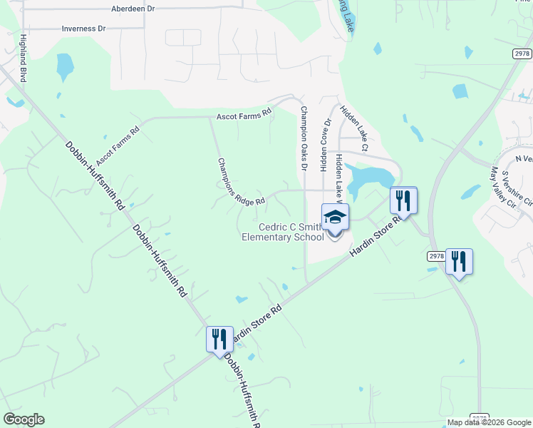 map of restaurants, bars, coffee shops, grocery stores, and more near 28503 Champions Ridge Road in Magnolia
