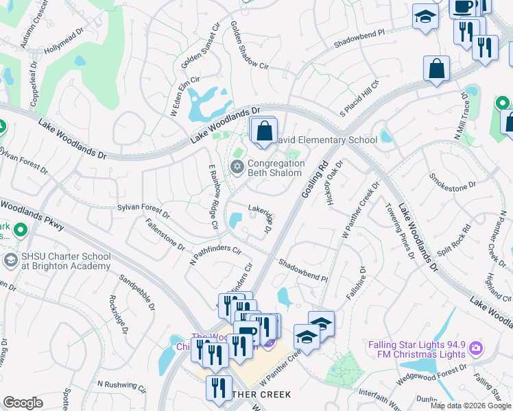 map of restaurants, bars, coffee shops, grocery stores, and more near 42 Lakeridge Drive in Spring
