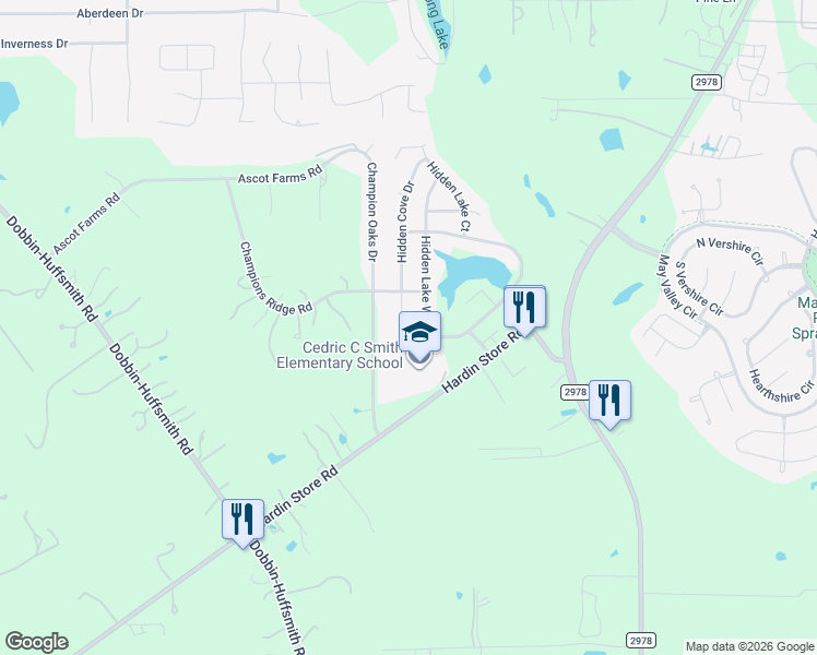 map of restaurants, bars, coffee shops, grocery stores, and more near 28610 Hidden Cove Drive in Magnolia