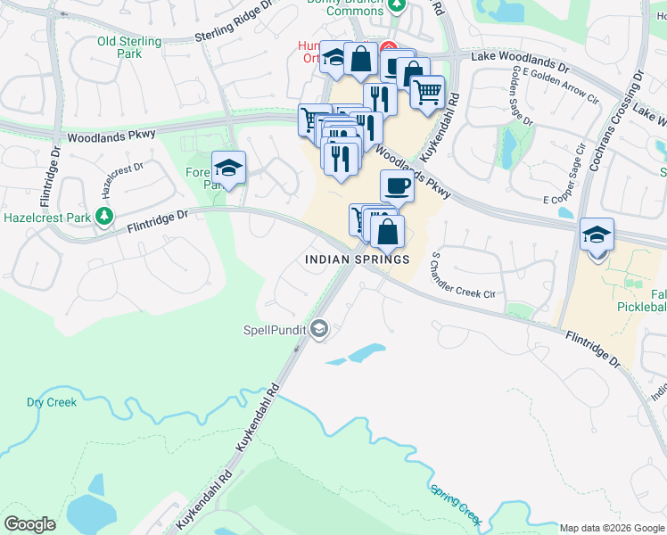 map of restaurants, bars, coffee shops, grocery stores, and more near 62 North Spring Trellis Circle in Spring