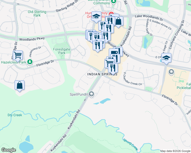 map of restaurants, bars, coffee shops, grocery stores, and more near 62 North Spring Trellis Circle in Spring
