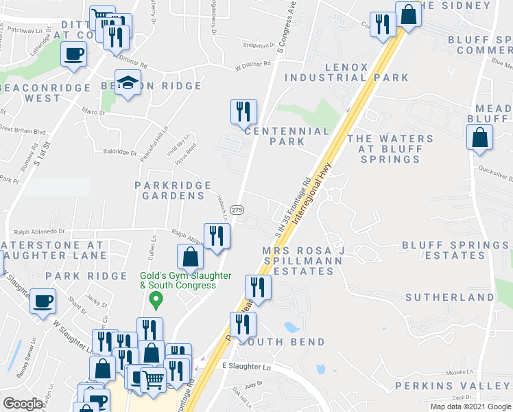 map of restaurants, bars, coffee shops, grocery stores, and more near 8201 South Congress Avenue in Austin
