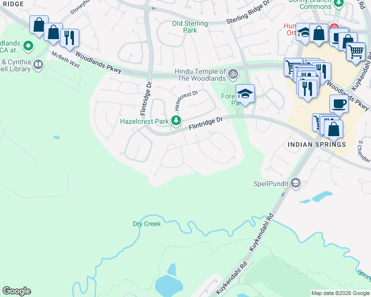 map of restaurants, bars, coffee shops, grocery stores, and more near 66 West Bracebridge Circle in Spring