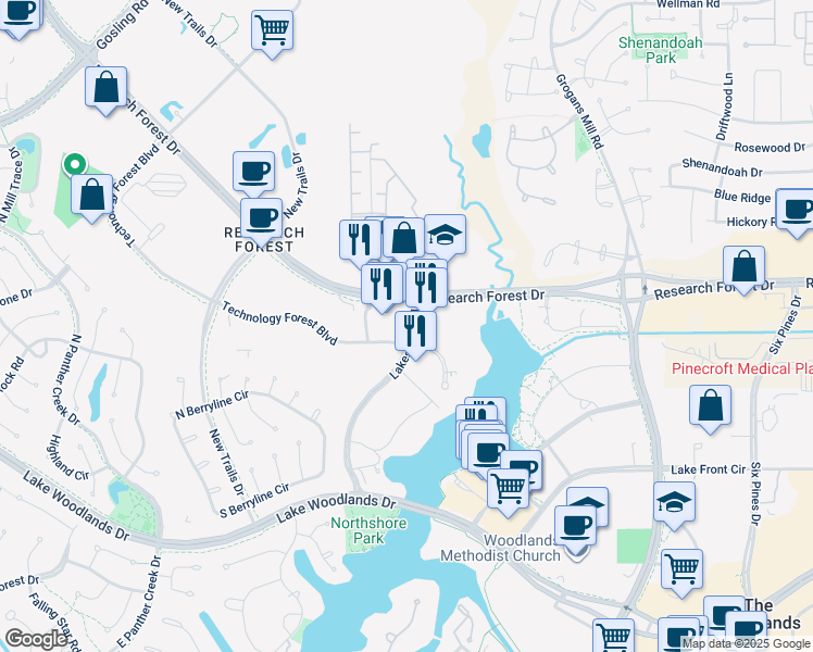 map of restaurants, bars, coffee shops, grocery stores, and more near 9709 Lakeside Boulevard in The Woodlands