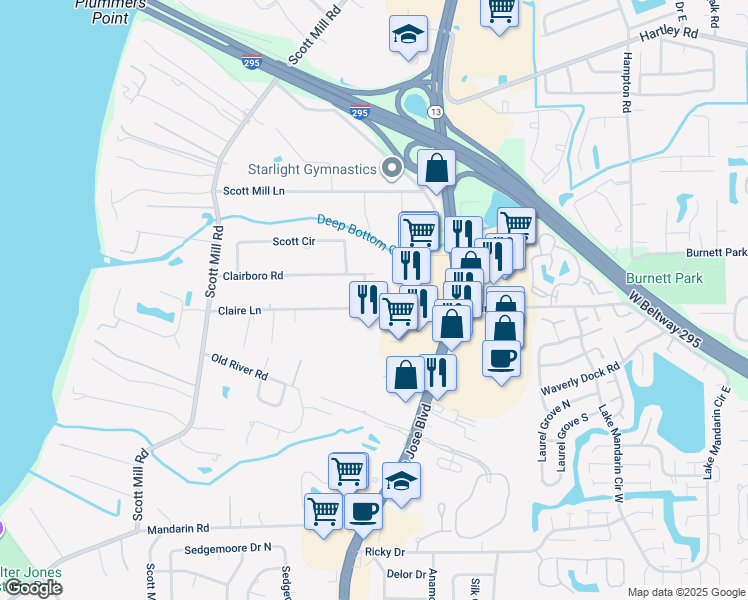 map of restaurants, bars, coffee shops, grocery stores, and more near 10957 Clairboro Road East in Jacksonville