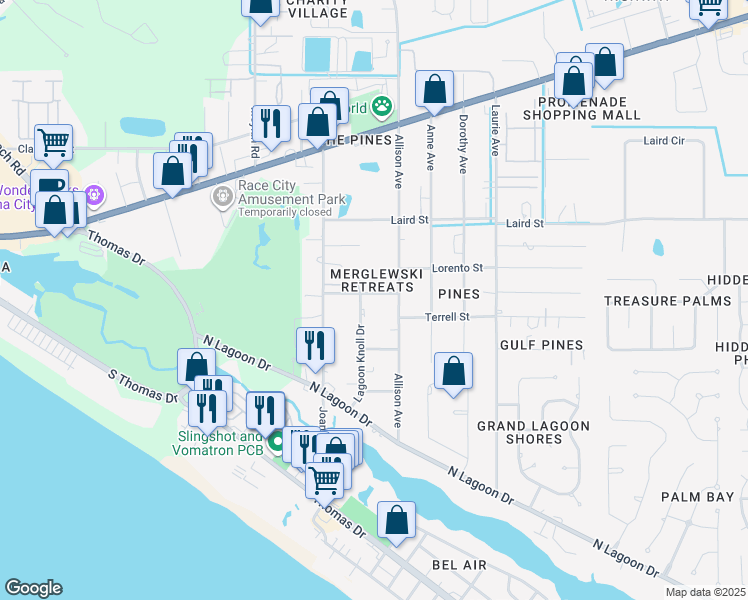 map of restaurants, bars, coffee shops, grocery stores, and more near 9027 Houston Street in Panama City Beach