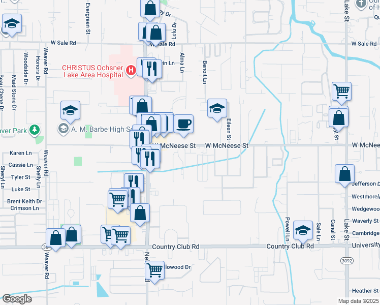 map of restaurants, bars, coffee shops, grocery stores, and more near 1515 West McNeese Street in Lake Charles