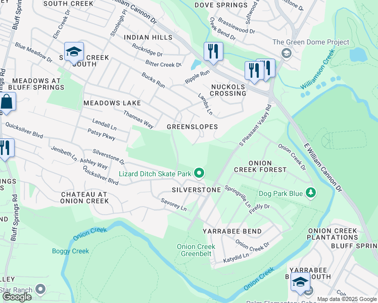 map of restaurants, bars, coffee shops, grocery stores, and more near 7051 Meadow Lake Boulevard in Austin