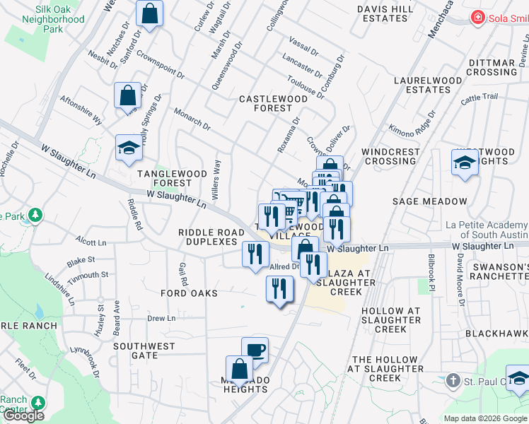 map of restaurants, bars, coffee shops, grocery stores, and more near 9901 Roxanna Drive in Austin