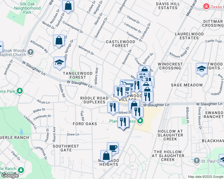 map of restaurants, bars, coffee shops, grocery stores, and more near 2404 West Slaughter Lane in Austin
