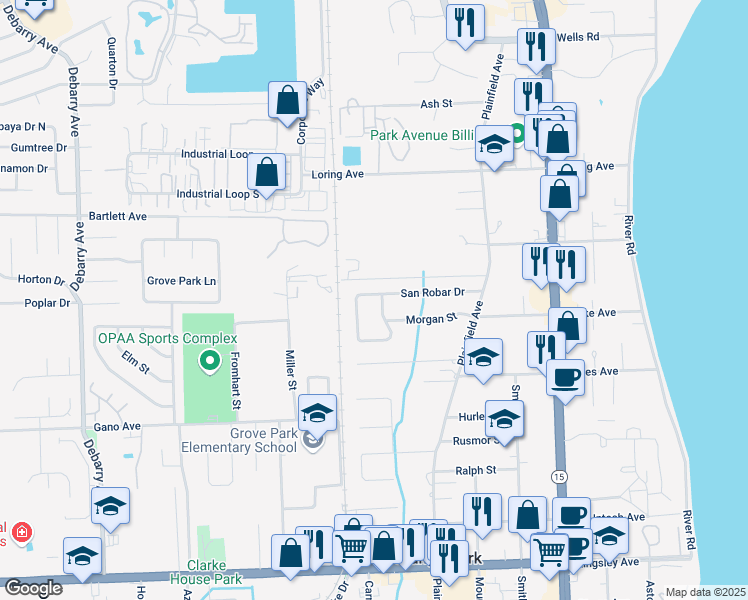 map of restaurants, bars, coffee shops, grocery stores, and more near 668 San Robar Drive in Orange Park