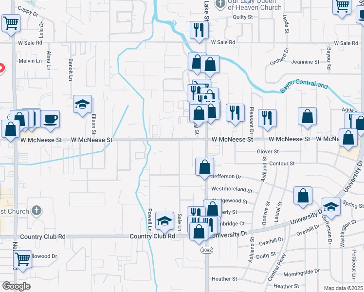 map of restaurants, bars, coffee shops, grocery stores, and more near 4509 Sale Lane in Lake Charles