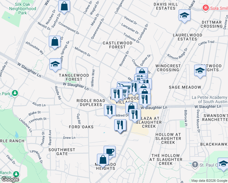map of restaurants, bars, coffee shops, grocery stores, and more near 9809 Roxanna Drive in Austin
